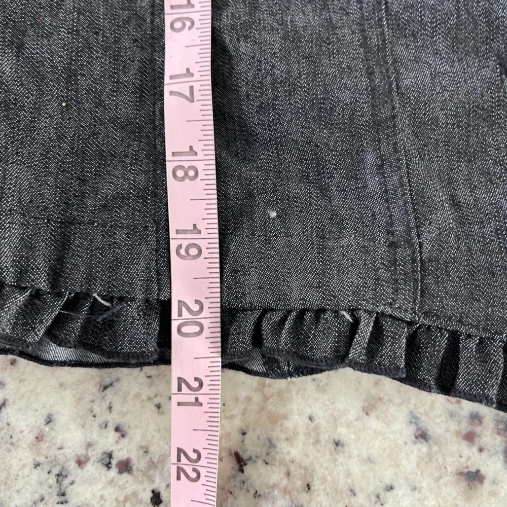 Sandro Petite‎ Denim Jacket Womens PL Gray Ruffle Trim Coquette Brass Button